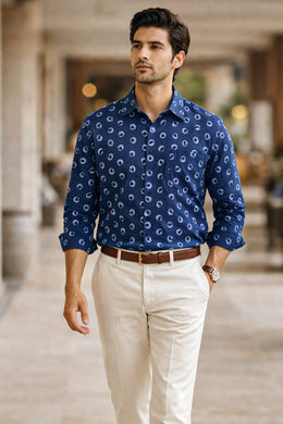 Indigo Handblock Print Pre-Washed Pure Cotton Shirt 10076872