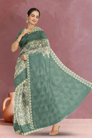 Green Floral Printed Linen Saree 10074035