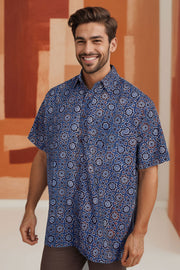 Blue Half Sleeve Ajrakh Printed Cotton Mens Shirt 10071091