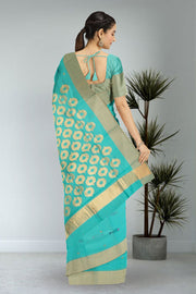 Blue Fish Motifs Chanderi Printed Silk Cotton Saree 10075937