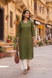 Green Handcrafted Slub Cotton Kurta 10077432
