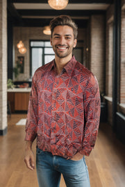  Brown Full Sleeve Jahota Print Modal Silk Mens Shirt10074379