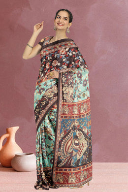 Blue Kalamkari Printed Malai Cotton Saree 10074676