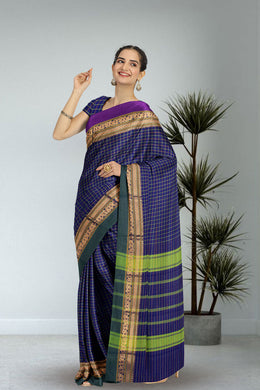 Blue Handloom Chettinad Cotton Saree Without Blouse 10075062