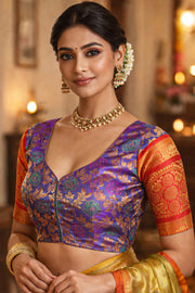 Skystone Blue  Kanjivaram Soft Silk Blouse With Floral Motifs And Elephant Motifs 10076620