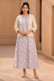 Offwhite Hand Block Printed Cotton Dress With Coat 10077615