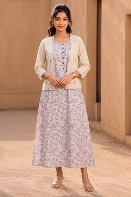 Offwhite Hand Block Printed Cotton Dress With Coat 10077615