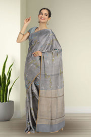 Grey Chanderi Printed Silk Cotton Saree 10075373