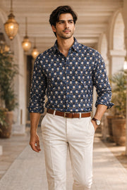 Blue Full Sleeve Jahota Printed Cotton Mens Shirt 10076876