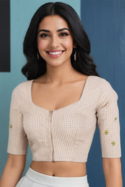 Brown Slub Cotton Embroidered Blouse 10072483