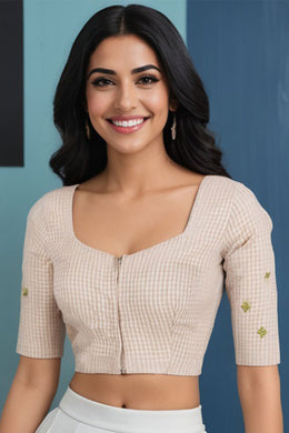 Brown Slub Cotton Embroidered Blouse 10072483