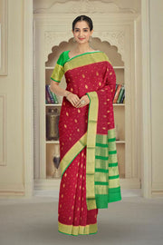 Chilli Red Mysore Crepe Silk Saree With Geometric Butta Design And Zari Border 10076658