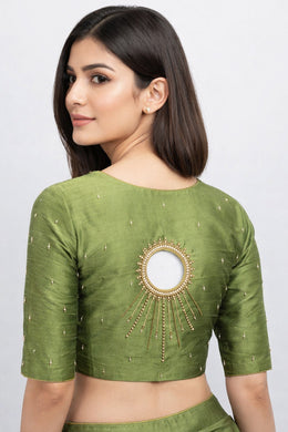 Olive Green Aari Embroidered Tussar Silk Blouse 10070439