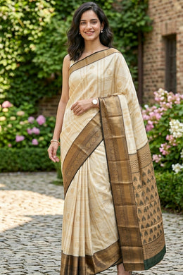 Cream Kanjivaram Vegan Silk Saree 10076035