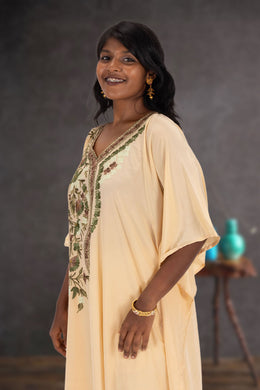 Beige Sozni Embroidered Crepe Silk Kaftan 10064736