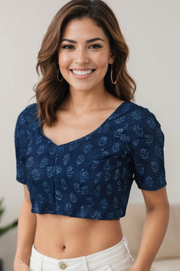 Blue Floral Motif Indigo Hand Block Print Cotton Blouse 10074610