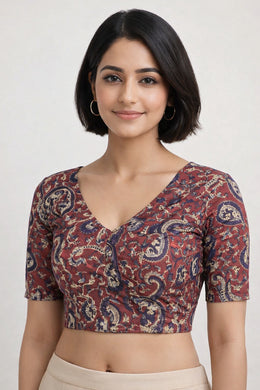 Brown Hand Block Jahota Printed Cotton Blouse 10074996