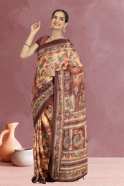 Beige Kalamkari Printed Malai Cotton Saree 10074684