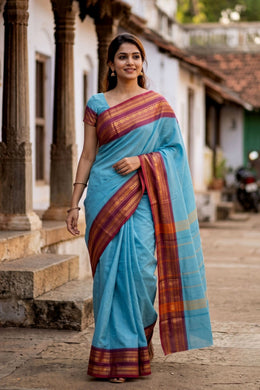 Sky Blue Handloom Chettinad Cotton Saree 10077334