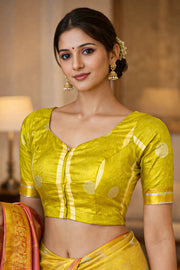 Haldi Glow Green Kanjivaram Soft Silk Blouse With Geometric Motifs and Zari Border 10076624