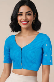 Blue Slub Cotton Embroidered Blouse 10071363