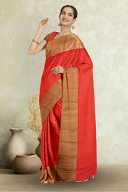 Red Art Silk Kanjivaram Saree With Stripes Design 10076341