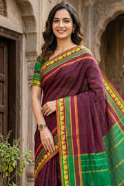 Kanjivaram Vegan Silk Saree Berry Chocolate Color and Traditional Design 10075540