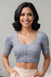 Grey Handcrafted Slub Cotton Solid Style Blouse 10073175