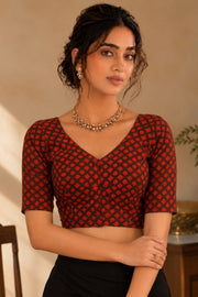 Maroon Indigo Hand Block Printed Cotton Blouse 10078154