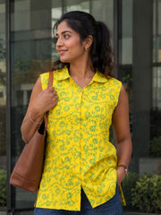 Yellow Hand block Printed Women Sleevless Shirt 10077179