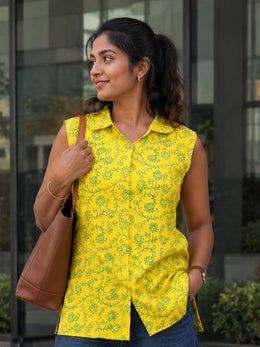 Yellow Hand block Printed Women Sleevless Shirt 10077179