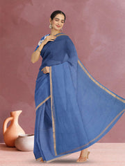 Steel Blue Solid Style Kota Cotton Saree with Contrast Blouse 10074185