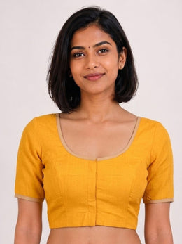 Yellow Handcrafted Slub Cotton Solid Style Blouse 10073193