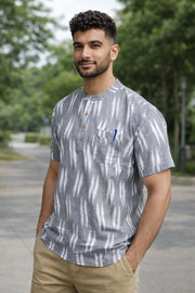 Ikat Cotton Men's Short Kurta With Slim-Fit Design & Front Pocket 10076951