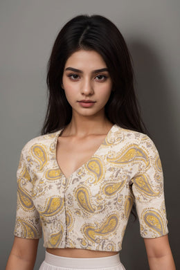 Beige Hand Block Vanaspathi Printed Cotton Blouse 10074481