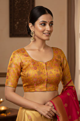 Yellow Banarasi Silk Blouse with Floral Motif 10076208