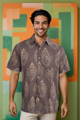 Brown Half Sleeve Ajrakh Printed Cotton Mens Shirt 10072910