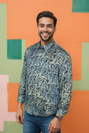 Green Full Sleeve Jahota Print Modal Silk Mens Shirt 10074376