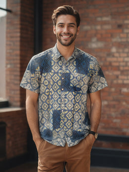 Green Half Sleeve Ajrakh Printed Cotton Mens Shirt 10072996