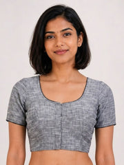 Grey Handcrafted Slub Cotton Solid Style Blouse 10073175