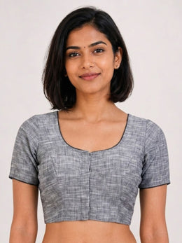 Grey Handcrafted Slub Cotton Solid Style Blouse 10073175