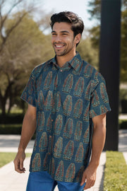 Blue Half Sleeve Ajrakh Printed Cotton Mens Shirt 10071086