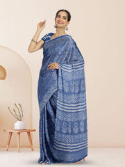 Blue Indigo Tribal Design Dabu Print Kota Cotton Saree 10074180