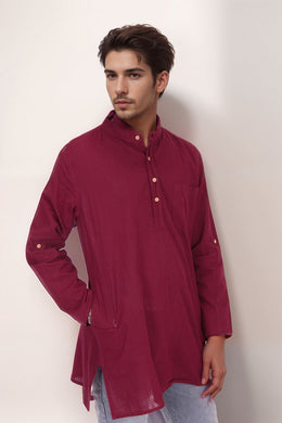 Wine Red Full Sleeve Slub Cotton Solid Style Men's Kurta 10074253