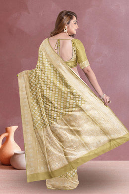 Light Olive Green Handloom Banarasi Katan Silk Saree 10063207