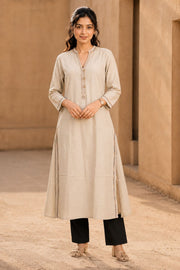 Beige Hand Embroidered Cotton Kurta 10077658