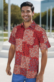 Red Half Sleeve Ajrakh Printed Cotton Mens Shirt 10073060