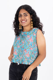 Blue Hand Block Printed Cotton Crop Top 10074298