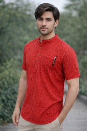 Ikat Cotton Men's Short Kurta With Slim-Fit Design & Front Pocket 10076950