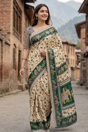 Beige Kani Printed Silk Saree 10077873